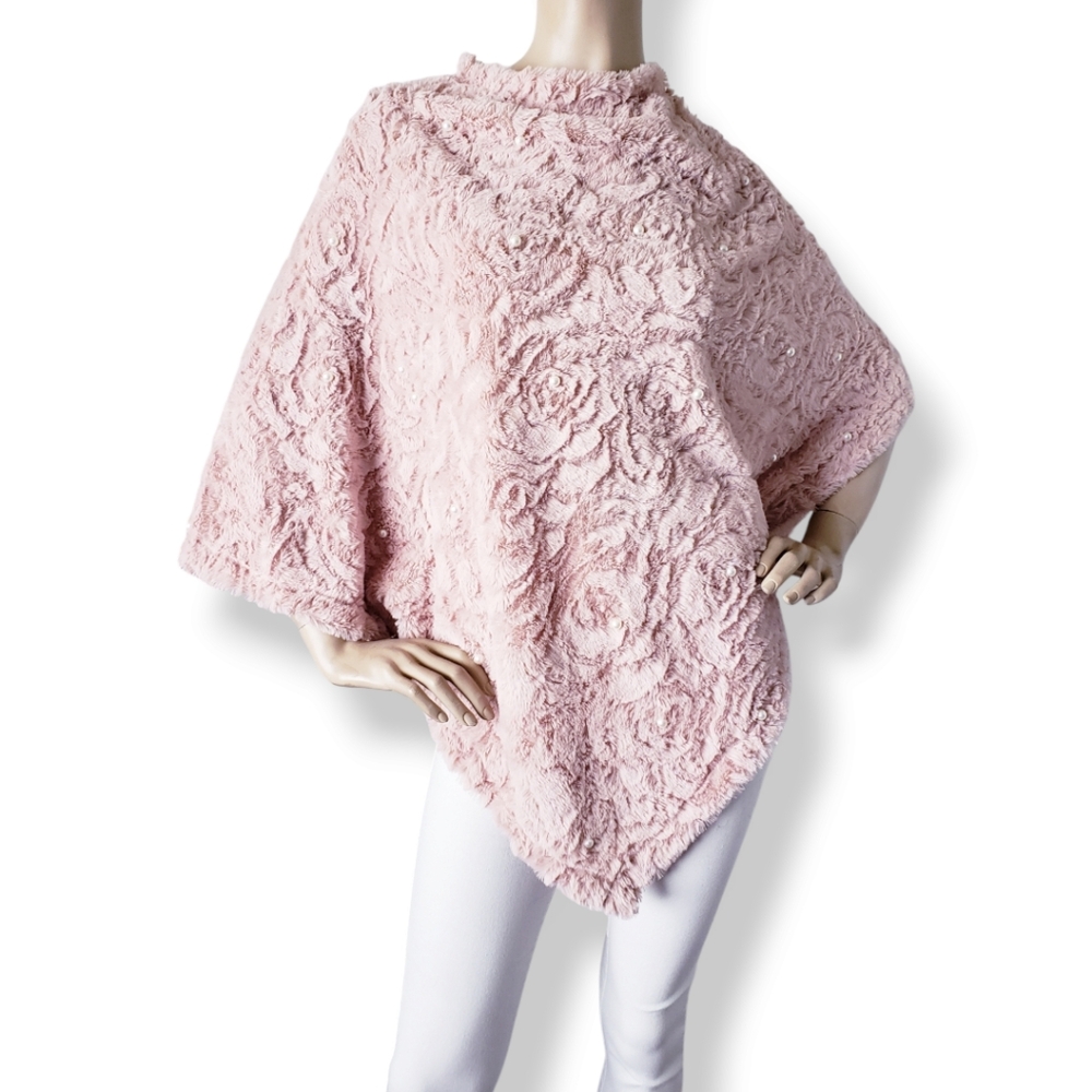 C-Mode Pink Floral Fuzzy Poncho With Pearls